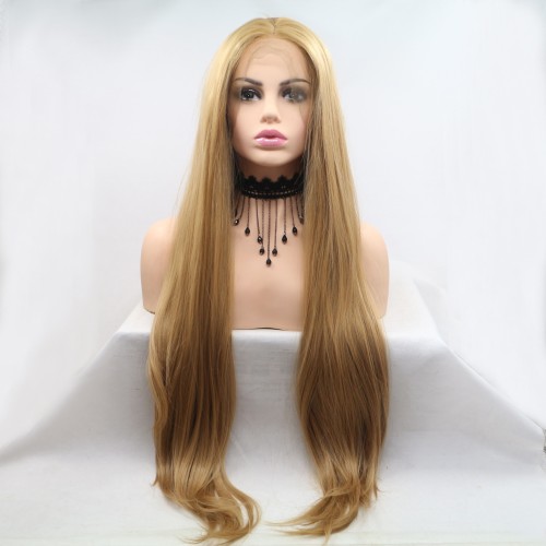 Two Tone Gold Brown Straight Lace Front Synthetic Wigs LF622