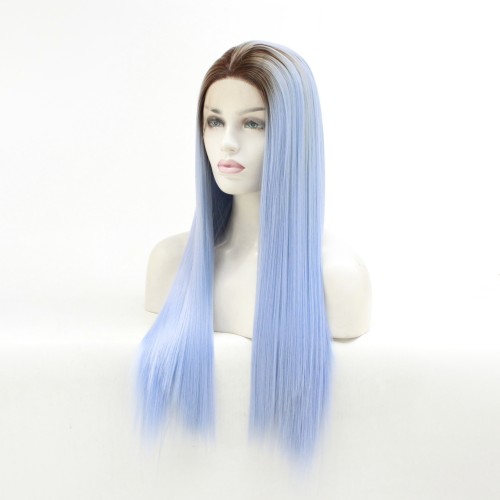 24" Light Blue with Brown Roots Straight Lace Front Synthetic Wig LF411