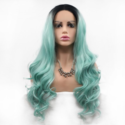 Lake Green With Dark Roots Body Wavy Lace Front Synthetic Wigs LF672