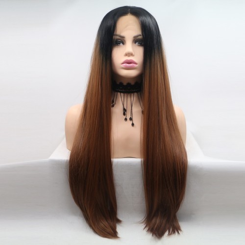 26" Black Brown Ombre Long Straight Lace Front Synthetic Wigs LF736