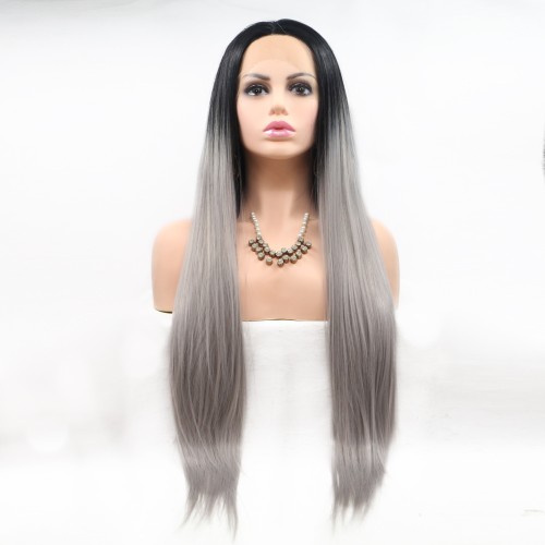 26" Black Grey Ombre Long Straight Lace Front Synthetic Wigs LF735