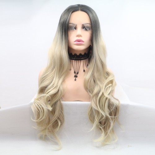 Fashion Grey Blonde Ombre Micro Wavy Lace Front Synthetic Wigs LF685