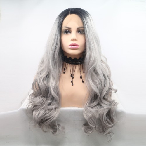 Silver Grey Ombre Long Body Wavy Lace Front Synthetic Wigs LF683