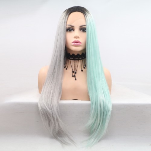 Pastel Green Grey with Dark Roots Straight Lace Front Synthetic Wigs LF619