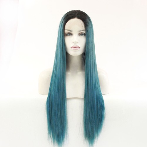 Straight Two Tone Green With Dark Roots Lace Front Synthetic Wig LF407