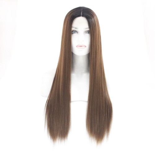 24" Straight Brown With Dark Roots  Lace Front Synthetic Wig LF406