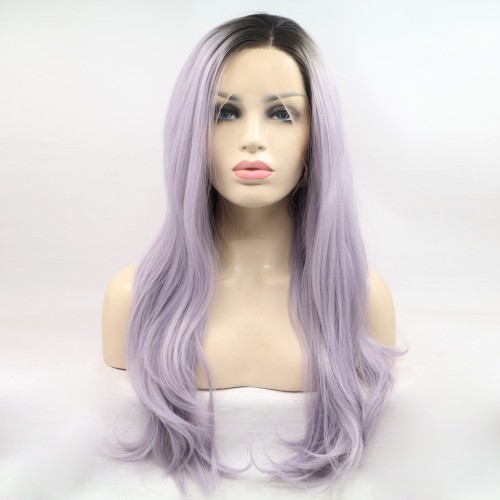 Light Purple With Dark Roots Long Wavy Lace Front Synthetic Wigs LF682