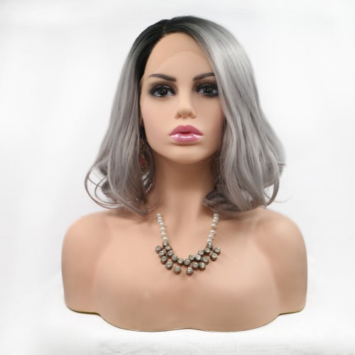 Granny Grey With Dark Roots Wavy Bob Lace Front Synthetic Wigs LF642