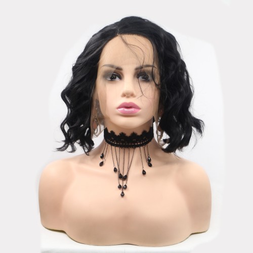 Fashion Water Wavy Black Bob Lace Front Synthetic Wigs LF641