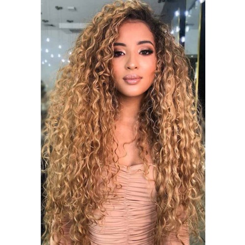 Brown With Dark Roots Long Curly Synthetic Wigs RW1159