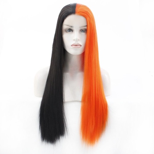 Black Orange Split Color Straight Lace Front Synthetic Wigs LF533
