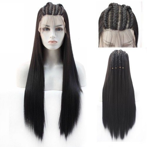 24" Black Long Pigtail 13X6 Lace Front Synthetic Wigs BW367