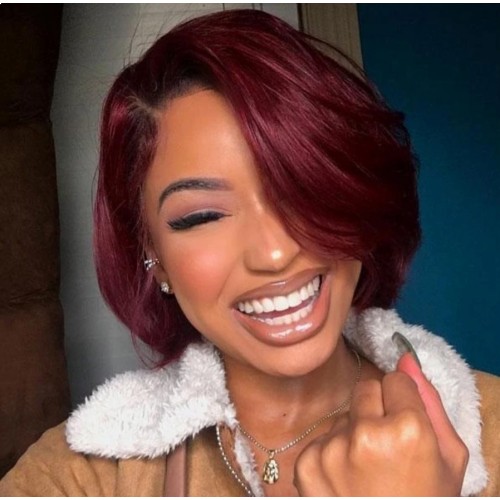 Wine Red Side Parting Short Bob Synthetic Wigs RW1162