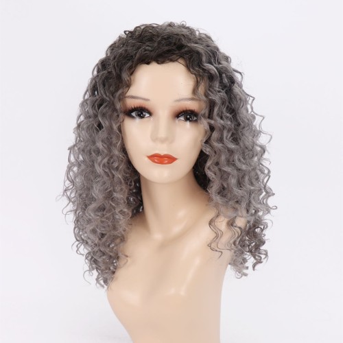 Mid-Length Gray With Dark Roots Curly Synthetic Wigs RW810