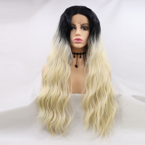 Black Two Tone Blonde Ombre Water Wavy Lace Front Synthetic Wigs LF671