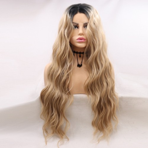 Two Tone Brown With Dark Roots Water Wavy Lace Front Synthetic Wigs LF670