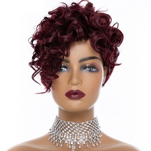 Wine Red Diagonal Bangs Short Curly Synthetic Hair Wigs RW1182