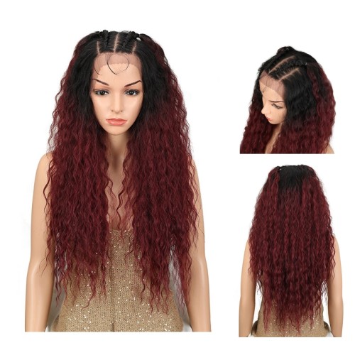 Wine Red With Dark Roots Curly Lace Front Synthetic Wig LF249