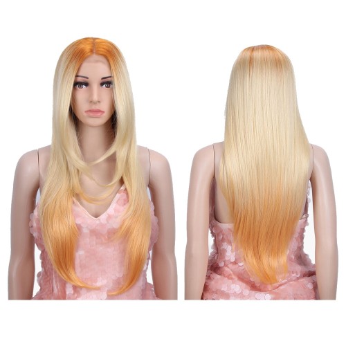 Blonde Orange Ombre Long Straight Lace Front Synthetic Wigs LF183