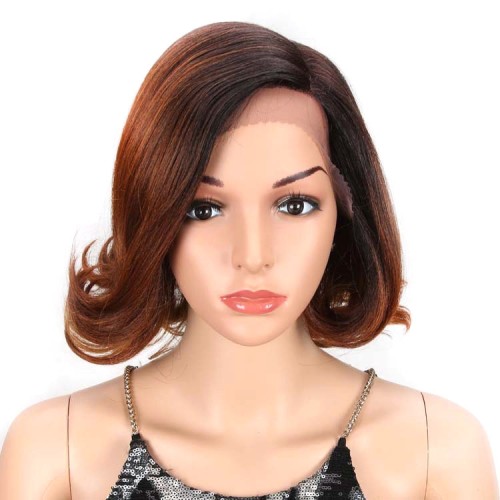 Light Golden Brown With Dark Brown Roots Short Wavy Lace Front Synthetic Wig LF257
