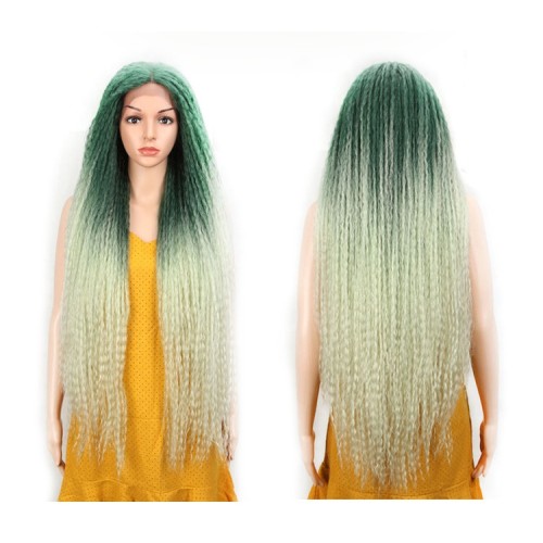 Green Blonde Ombre Super Long Corn Curly Lace Front Synthetic Wig LF259