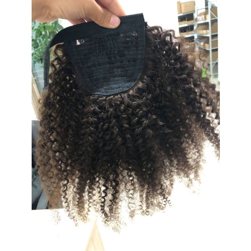 Dark Brown Afro Curly Wrap Around Human Hair Ponytail Extension PW1051