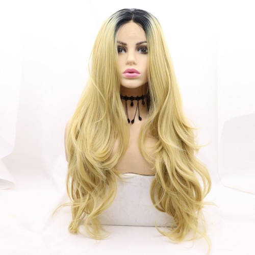 Golden With Dark Roots Body Wavy Lace Front Synthetic Wigs LF664