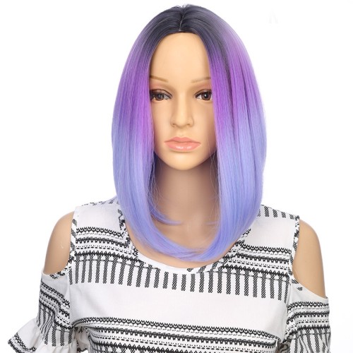 Purple Blue Ombre With Dark Roots Short Straight Bob Synthetic Wigs RW817