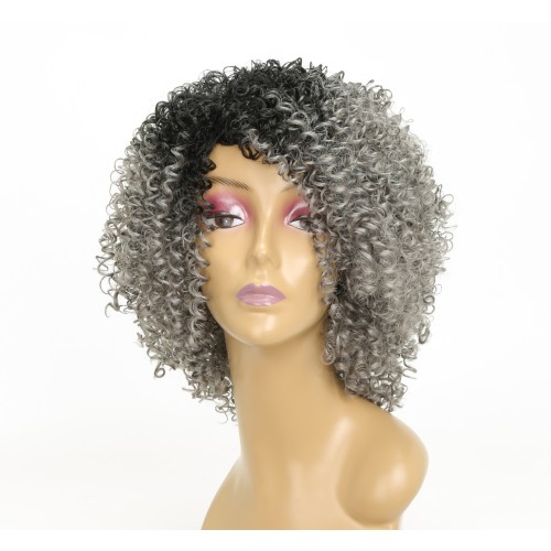 Gray With Black Roots Short African Curly Synthetic Wigs RW808