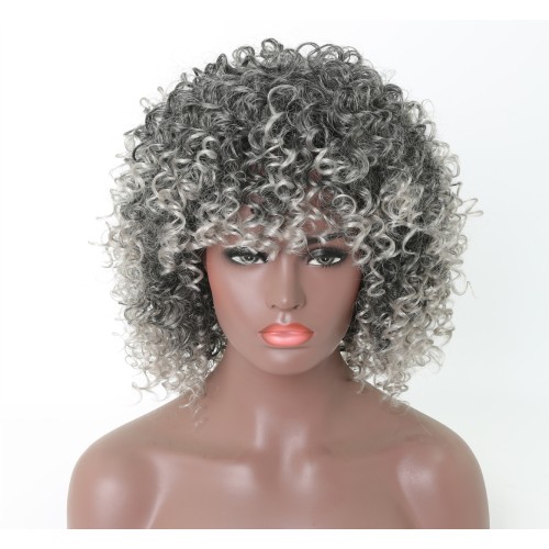 Two Tone Grey African Curly Synthetic Wigs RW804