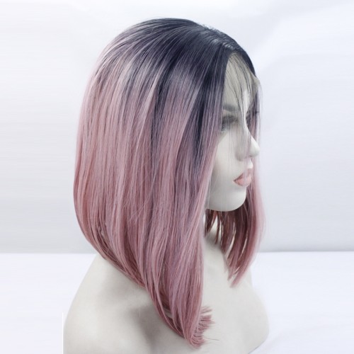 Two Tone Pink With Dark Roots Straight Bob Lace Front Synthetic Wig LF473