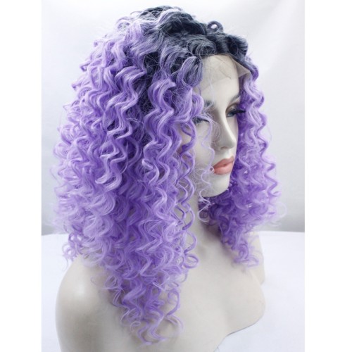 Light Purple With Dark Roots Curly Lace Front Synthetic Wigs LF571