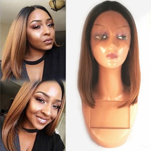 Brown With Dark Roots Bob Straight Lace Front Synthetic Wig LF471