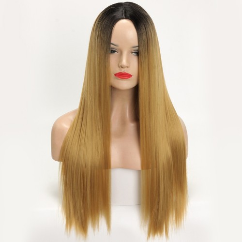 Light Brown With Dark Roots Long Straight Synthetic Wigs RW812