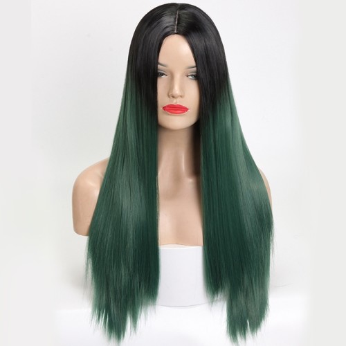 Black Dark Green Ombre Long Straight Synthetic Wigs RW811