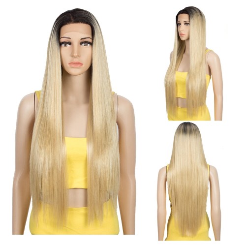 Golden With Dark Roots Long Straight Lace Front Synthetic Wigs LF190