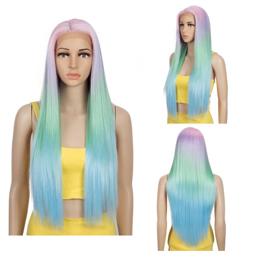 Blue Green Purple Pink Ombre Long Straight Lace Front Synthetic Wigs LF191