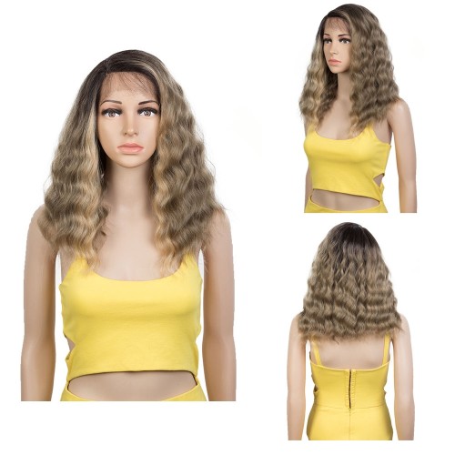  Light Brown Mixed Blonde With Dark Roots Curly Lace Front Synthetic Wig LF204