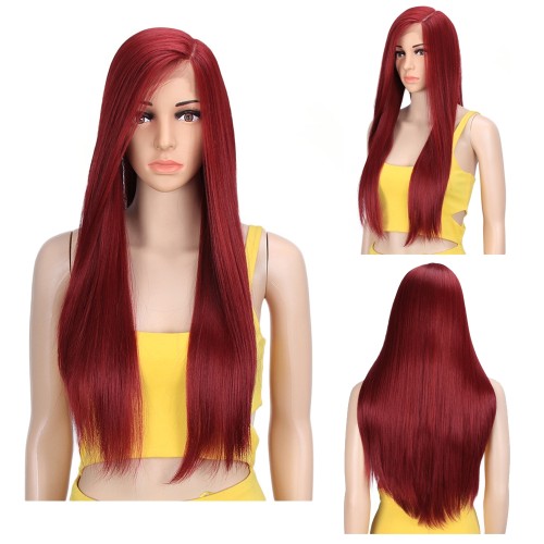 Wine Red Long Straight Lace Front Synthetic Wig LF224