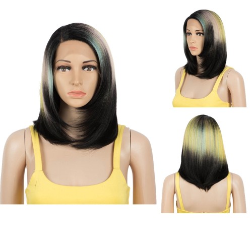 Colorful Black Ombre Straight Bob Lace Front Synthetic Wig LF215