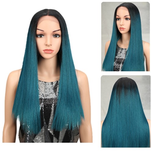 Blue Green With Dark Roots Straight Lace Front Synthetic Wig LF253