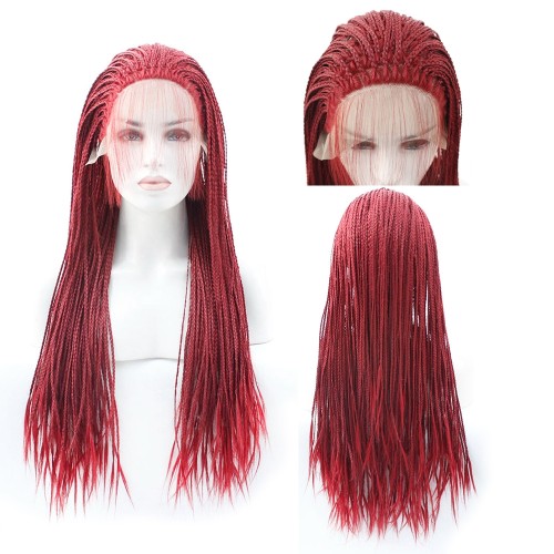 24" Wine Red Pigtail Lace Front Synthetic Braided Wig BW372