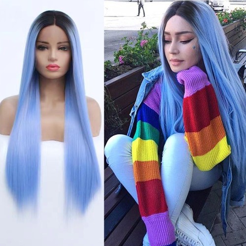 Sky Blue With Dark Roots Lace Front Synthetic Wig LF401