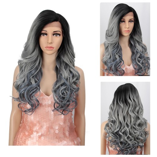 Two Tone Grey With Dark Roots Wavy Lace Front Synthetic Wigs LF241