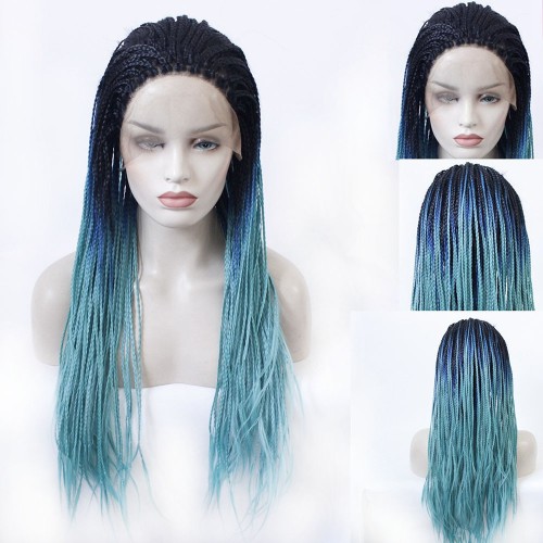 24" Black Light Blue Ombre Lace Front Synthetic Braided Wig BW392