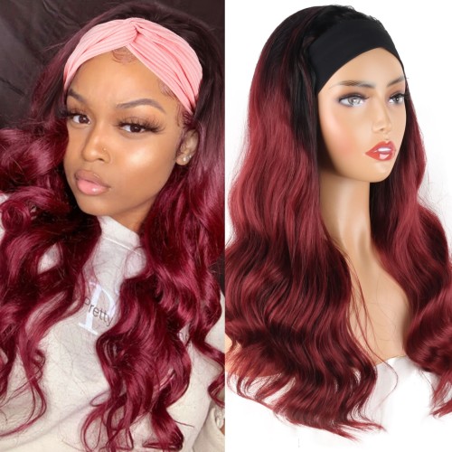 Wine Red With Dark Roots Body Wavy Synthetic Headband Wigs HW930