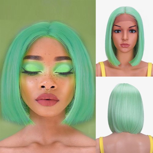 Shiny Green Short Straight Bob Lace Front Synthetic Wig LF201