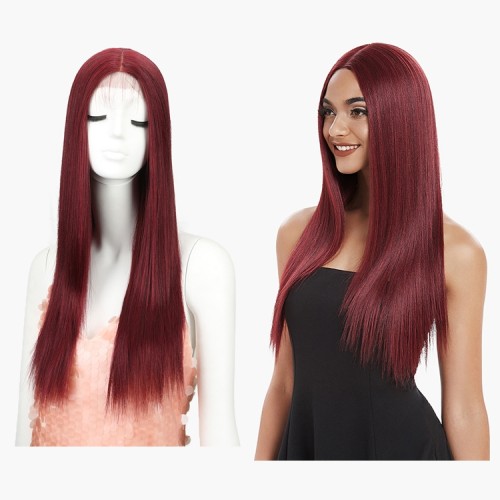 Wine Red Long Straight Lace Front Synthetic Wig LF230