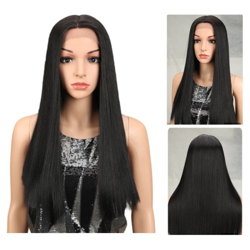 Black Mid-Length Straight Lace Front Synthetic Wig LF254
