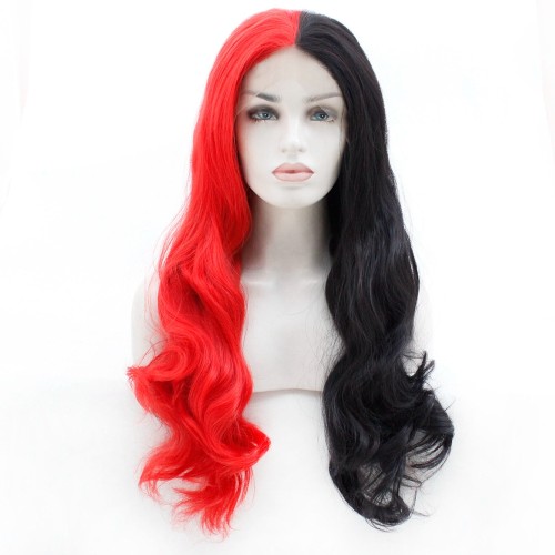  Red Black Split Color Wavy Lace Front Synthetic Wig LF405